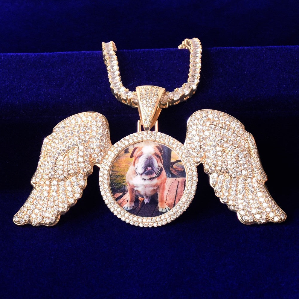 Golden Guardian | Flooded Ice Angel Wings Memory Picture Photo Pendant