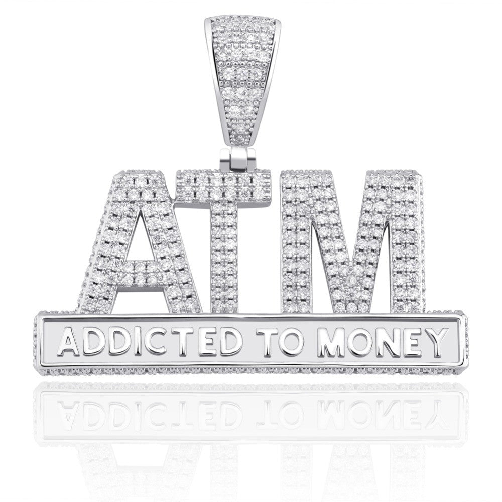 Mens 18k White Yellow Gold ATM Addicted To Money Micro Pave Flooded Ice Pendant Chain