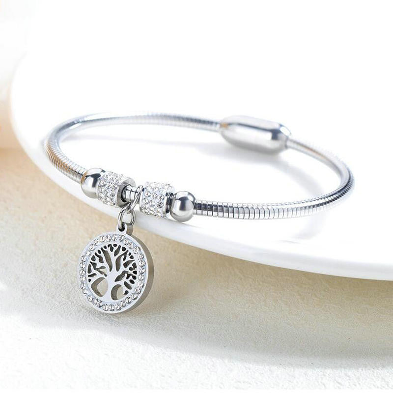 Ladies Tree Of Life Mother Earth No Fade Stainless Steel Gold Silver Rose Bangle Bracelet