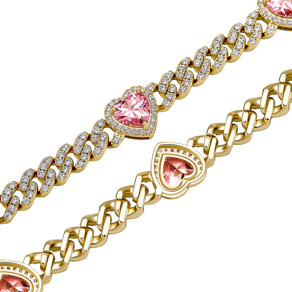 Pink Desire | New 8MM VVS Diamond CZ Cuban Link Pink Heart Bling Gemstone Bracelet