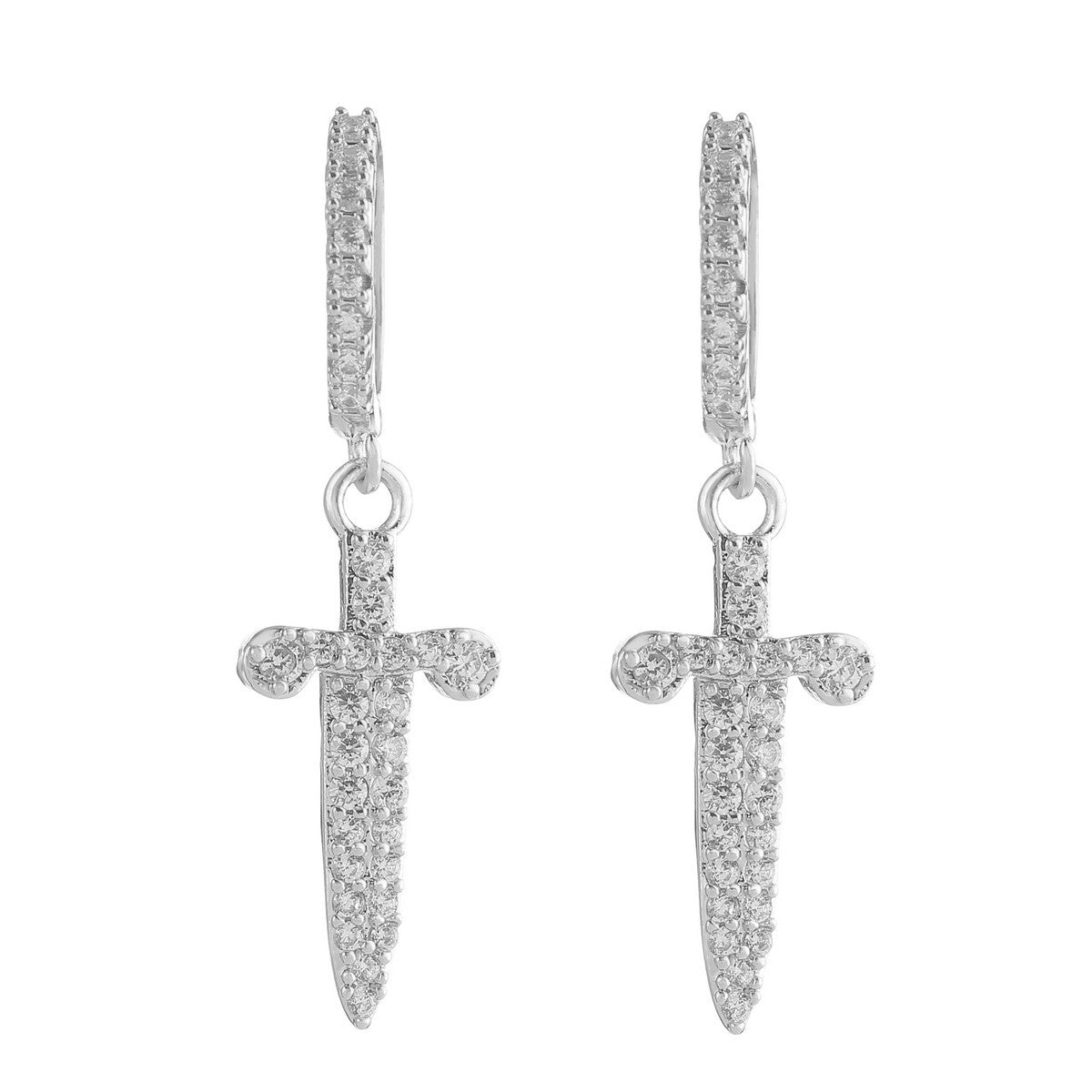 Retro Huggie Dagger | VVS Diamond CZ Hoop Bling 4 Prong Set Stone Dangle Earrings