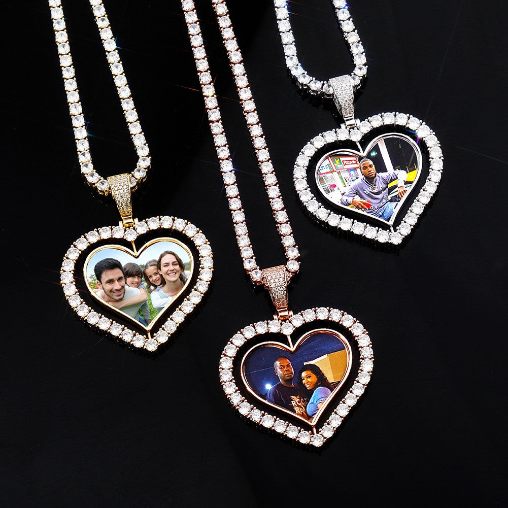 Custom Heart Shaped Spinning Photo Double Sided Picture Pendant Necklace