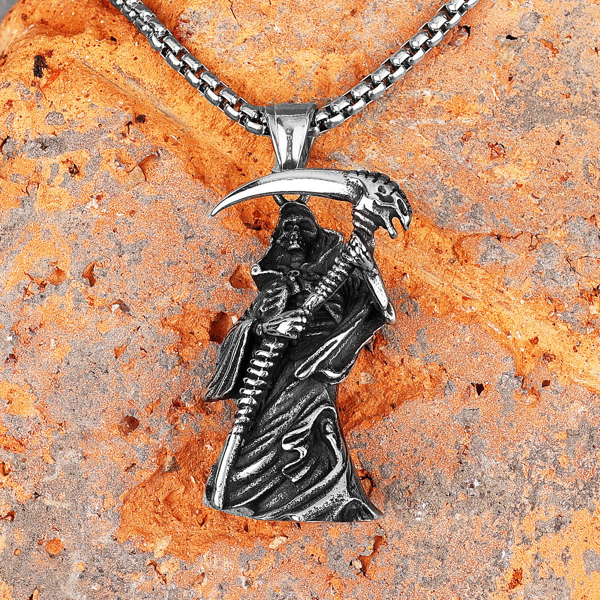 Grim Reaper No Fade Silver Stainless Steel Scythe Pendant Chain Necklace