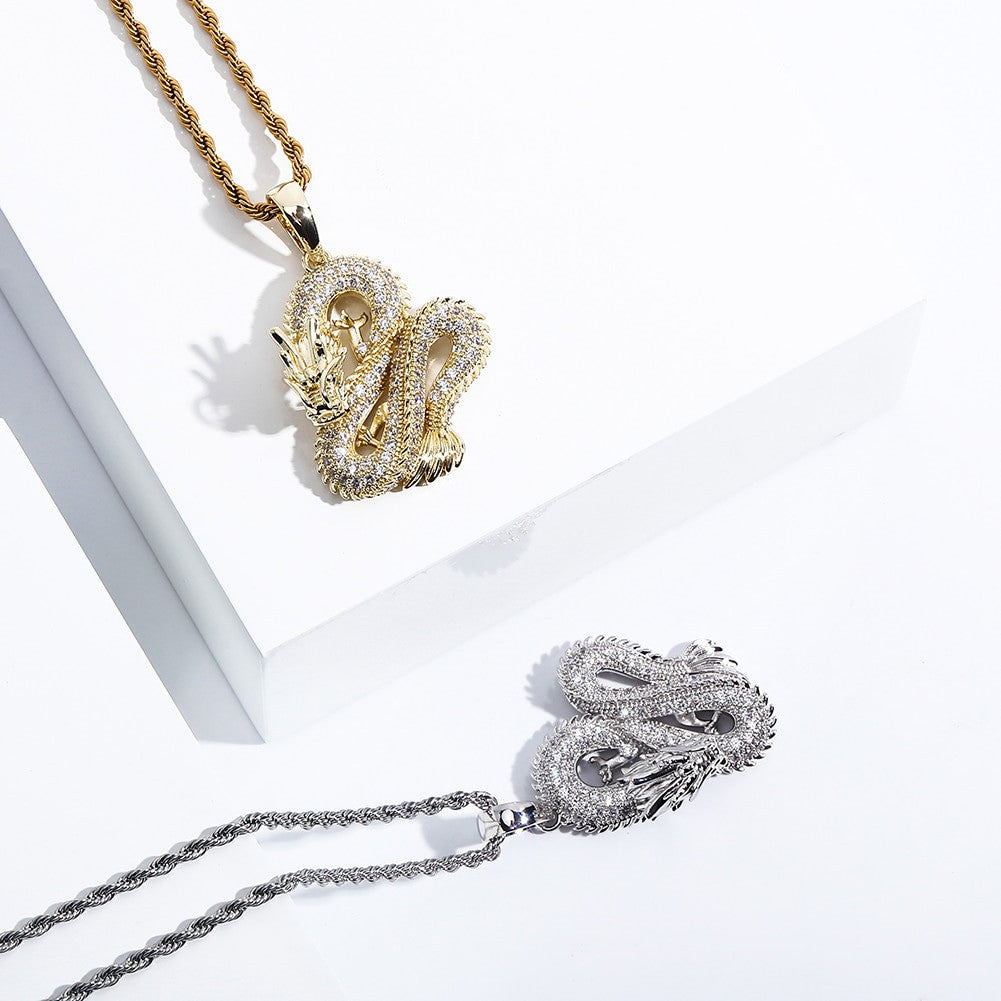 Mens Street Wear Ice Sculptured Detailed Dragon Hip Hop Pendant Chain Necklace