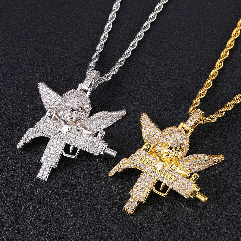 Flooded Ice Uzi Machine Hip Hop Guardian Angel Bling Pendant Chain Necklace