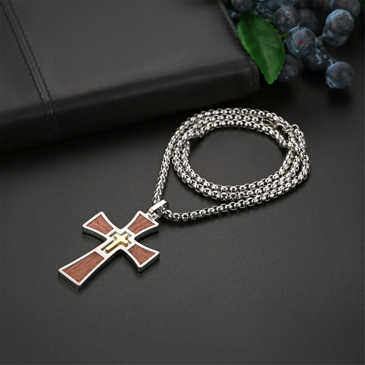 Mens Wooden Stainless Steel Double Cross Crucifix Black silver Gold Pendant Chain Necklace