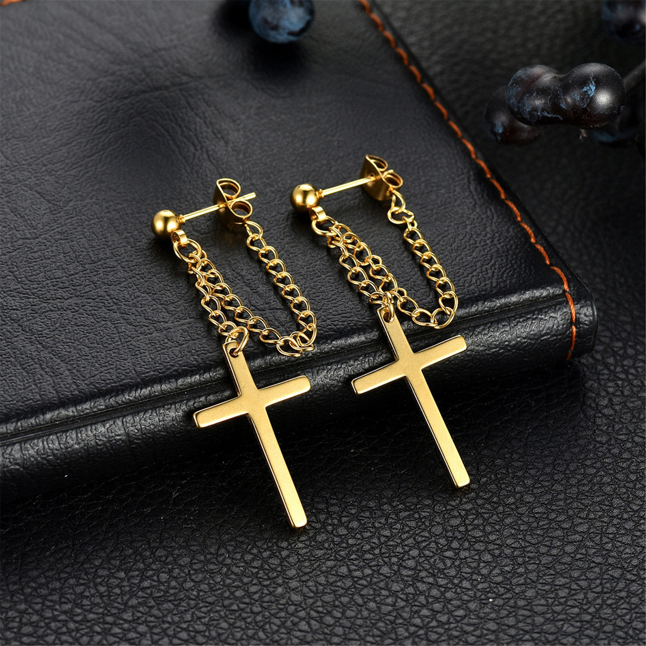 Retro Dangling Stud Cross Gold Black Silver Stainless Steel Chain Earrings