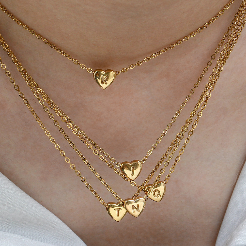 18k Gold Big Love Small Heart Initial Letter Solid Stainless Steel Chain Necklace