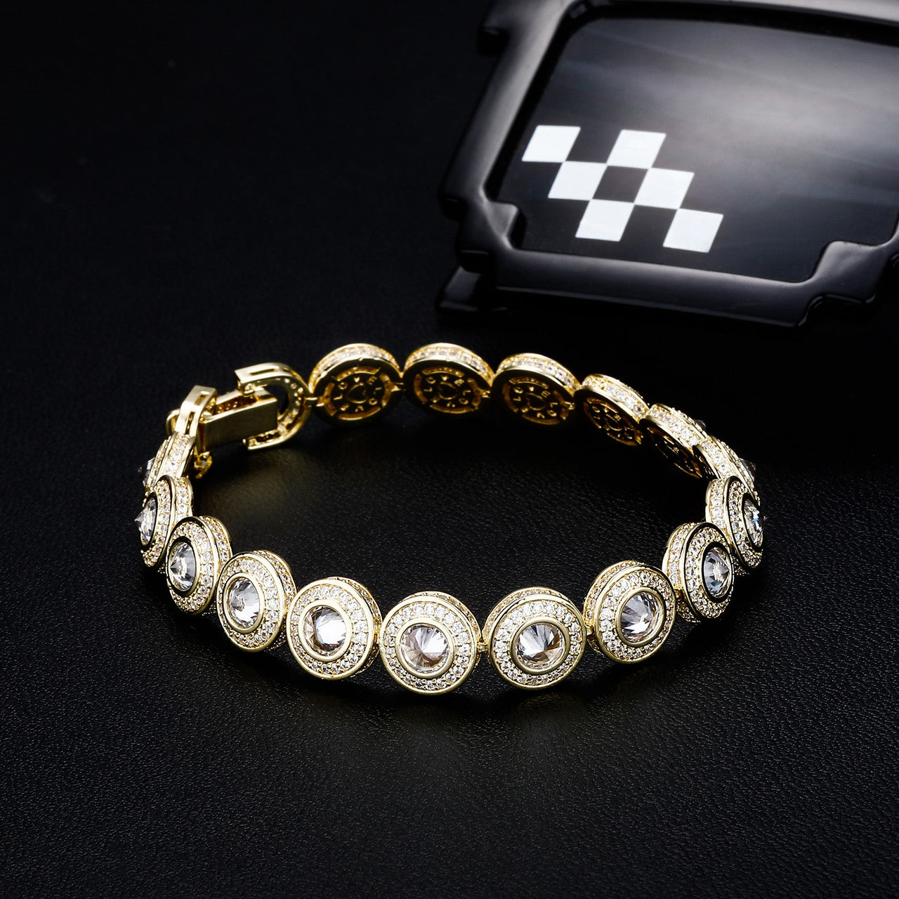 15mm Center Stone Heart "Love" Engraved Yellow White Gold Flooded Ice Bracelet