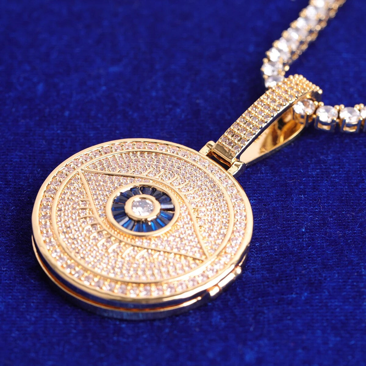 All Seeing Eye Flooded Ice Hip Hop Photo Picture Pendant Micro Pave Chain Necklace