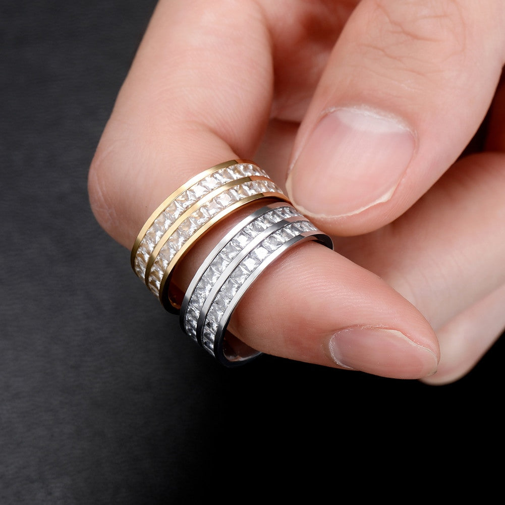 BlingJewelz 7MM 2 Row Micro Pave Princess Cut Stainless Steel Iced Bling Rings