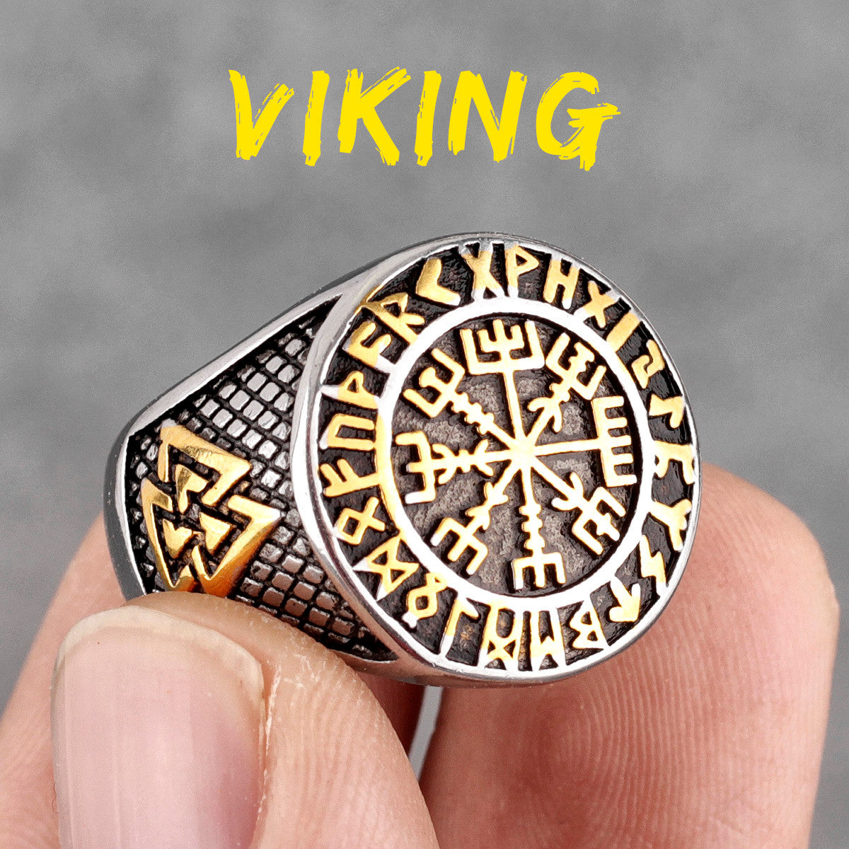 Mens 316L Stainless Steel Viking Mythology Odin Triangle Trident Street Wear Rings