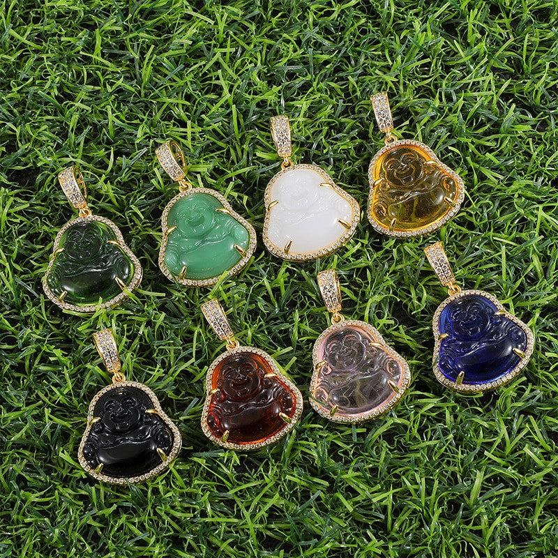 14k Gold Stainless Steel Hip Hop 8 Colors Flooded Ice Buddha Pendant Chain Necklace