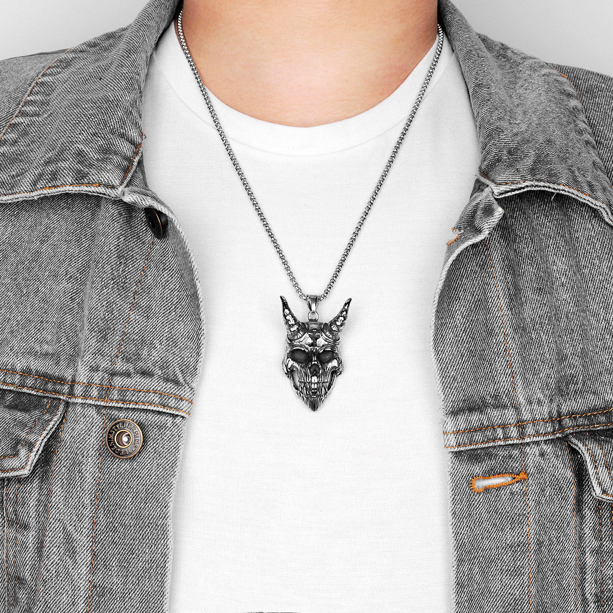 Fallen Angel Lucifer | No Fade Solid Stainless Steel Horned Skull Cross Pendant