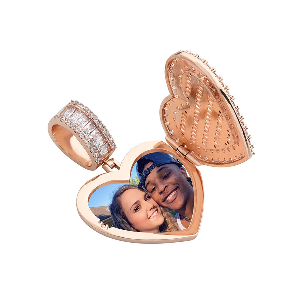 24k Gold Rose Gold .925 Silver Opening Heart Photo Picture Baguette Pendant Chain Necklace