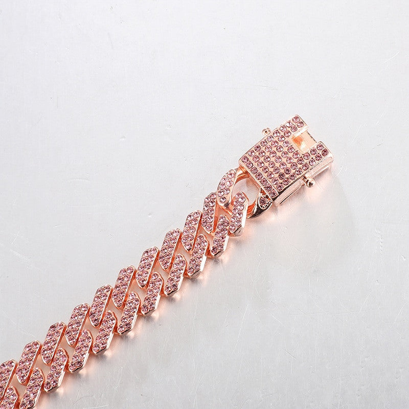 Hip Hop 12MM Paved Pink Rose AAA Flooded Ice Miami Cuban Link Bracelet