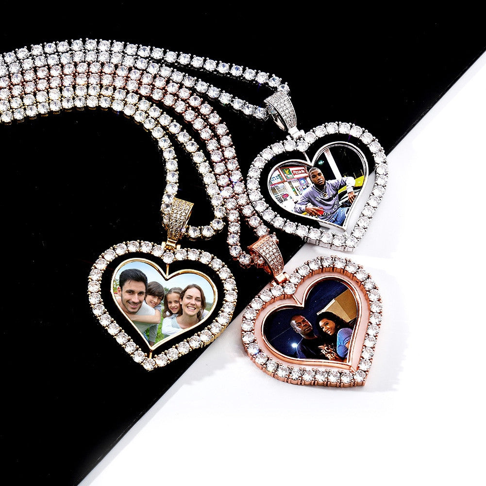 Custom Heart Shaped Spinning Photo Double Sided Picture Pendant Necklace