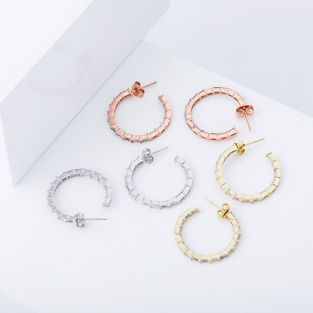 Flooded Ice All Baguette 925 Sterling Silver 24mm Round Circle Hoop Earrings