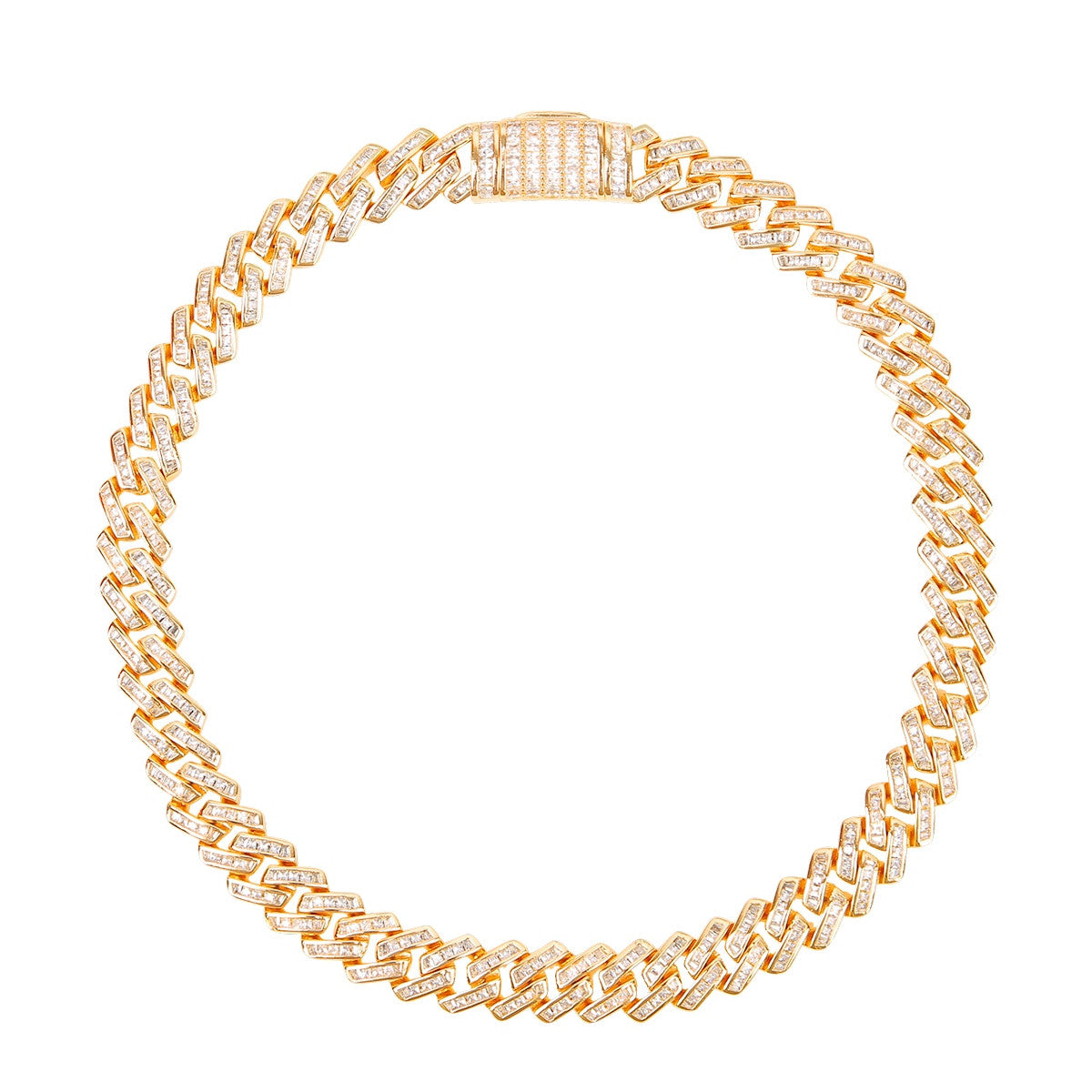 3A Flooded Ice 11mm Solid Baguette 24k Yellow 18k White Gold Miami Cuban Link Chain