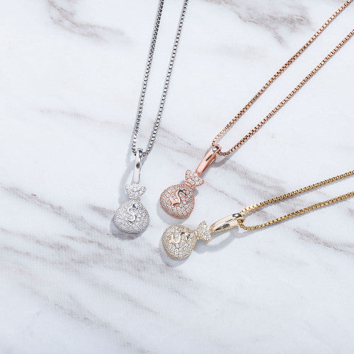 Ladies 14k Gold Rose Gold Solid .925 Sterling Silver AAA Stone Money Bag Hip Hop Pendant