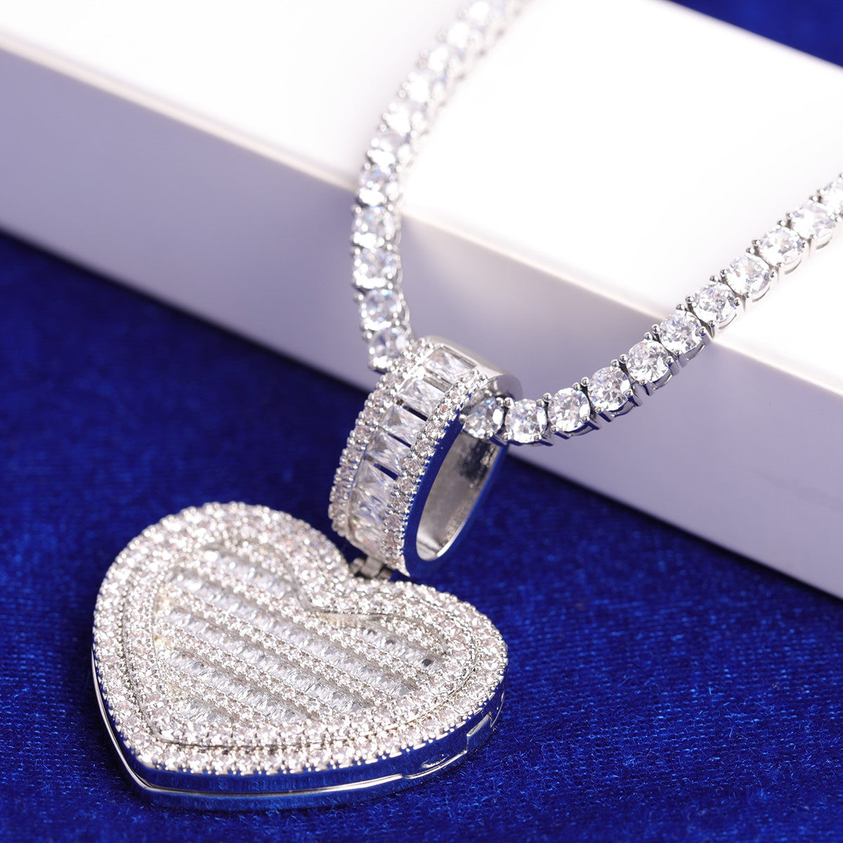 24k Gold Rose Gold .925 Silver Opening Heart Photo Picture Baguette Pendant Chain Necklace