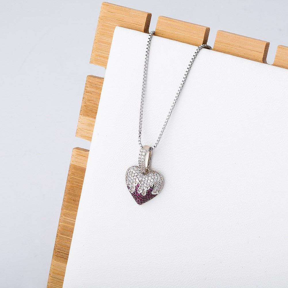 Ladies Solid 925 Sterling Silver Flaming Love Heart AAA Stone Pendant Chain Necklace