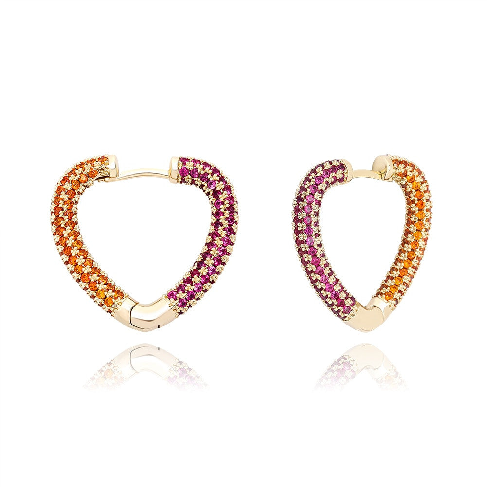 Ladies High Fashion Hoop Heart AAA Stone Yellow White Gold Bling Earrings