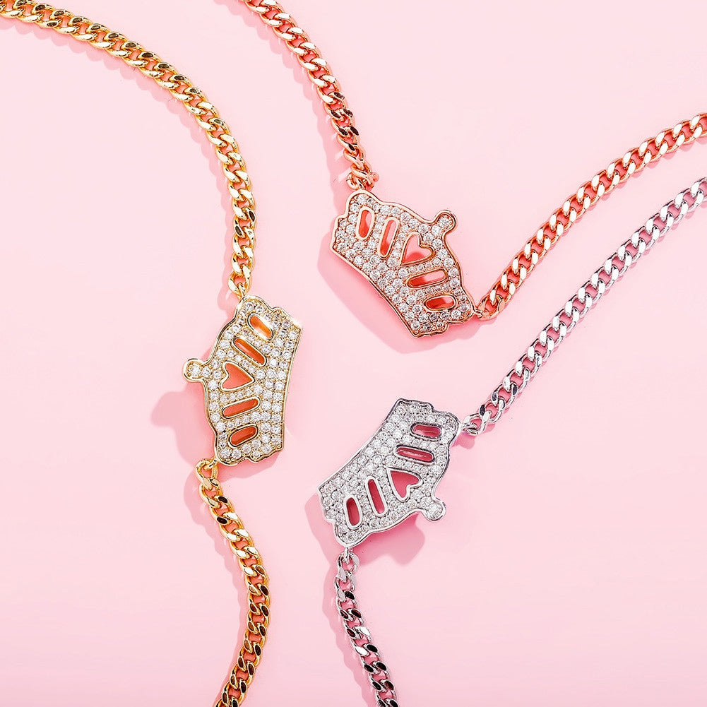 Ladies Flooded Ice Queens Crown Micro Pave Hip Hop Pendant Chain Necklace