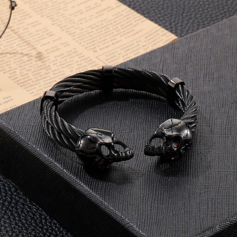 SkullFlex | Mens Double Layer Skull Cable Bangle Stainless Steel Bracelet