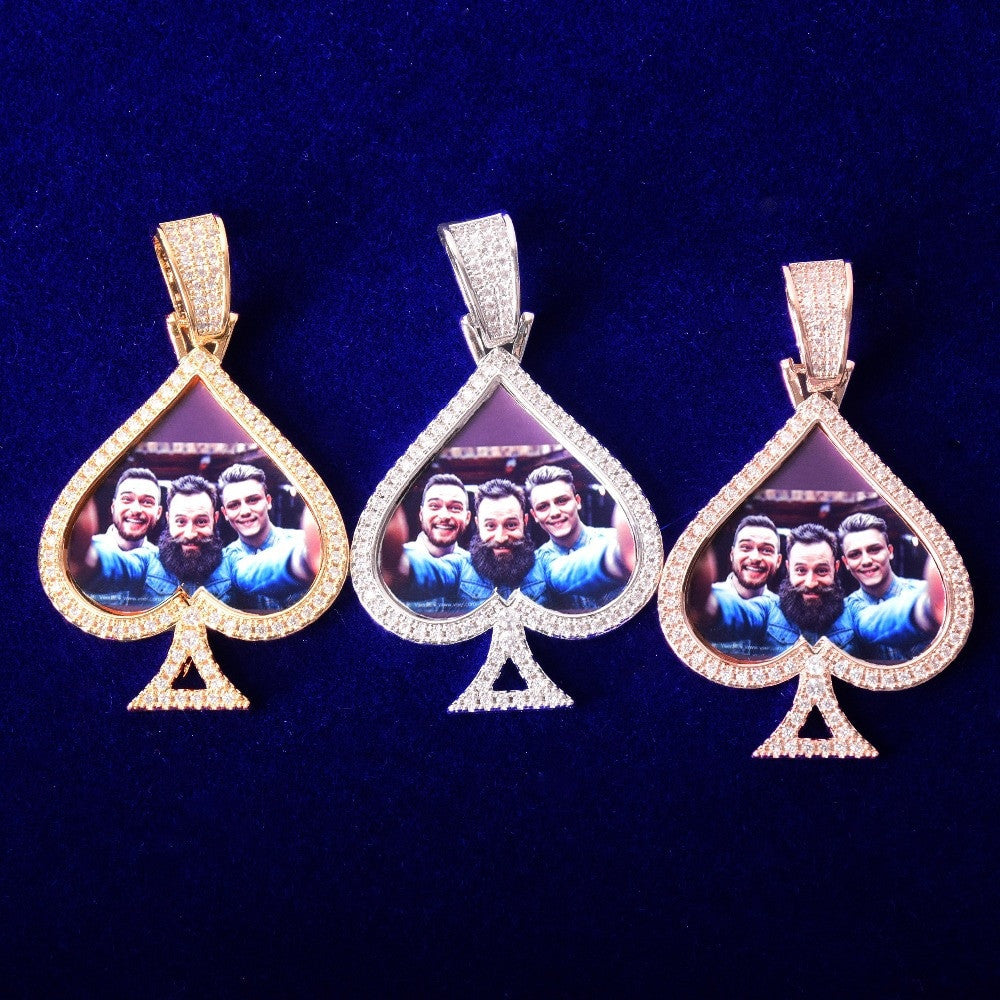 Custom Made AAA Micro Pave Photo Ace Of Spades Medallion Pendant Chain Necklace