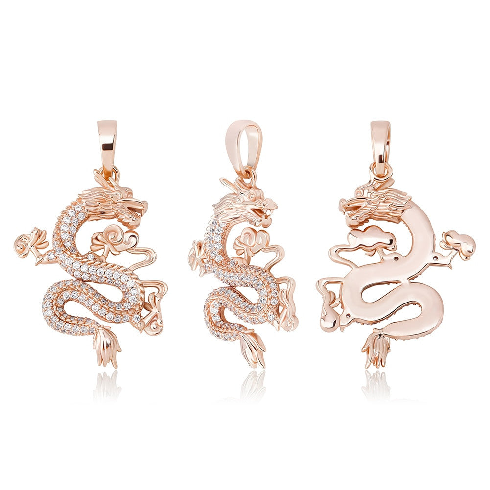 14k White Yellow Rose Gold Lucky Dragon Hip Hop Flooded Ice Pendant Chain Necklace