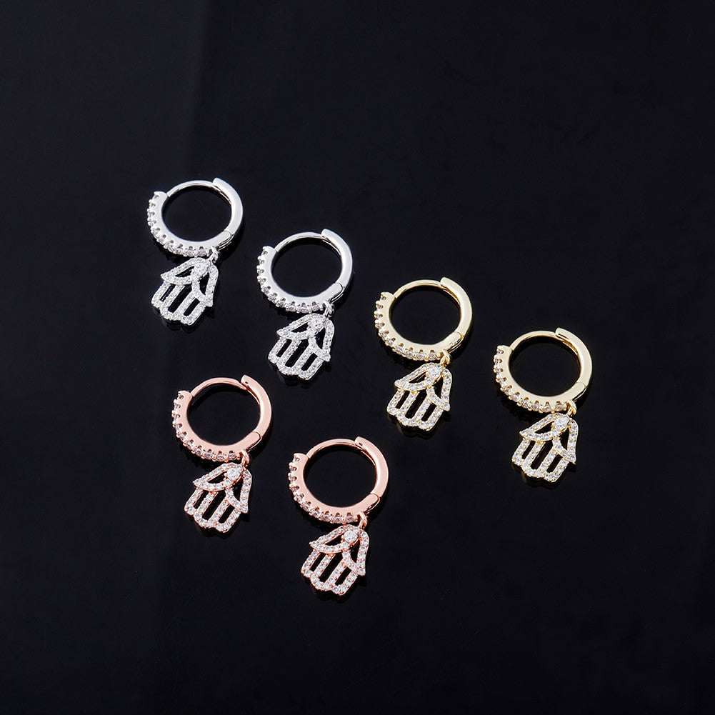 14k Rose Gold 925 Silver Hamsa Hand Street Wear Hip Hop Huggie Hoop Style Earrings