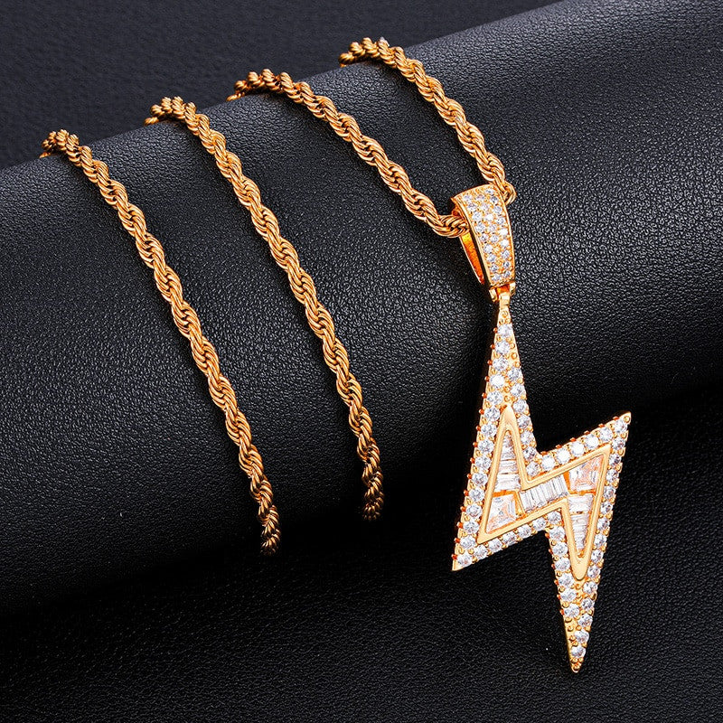 Handset Baguette Stone AAA Micro Pave 18k Gold .925 Silver Lightning Strike Pendant