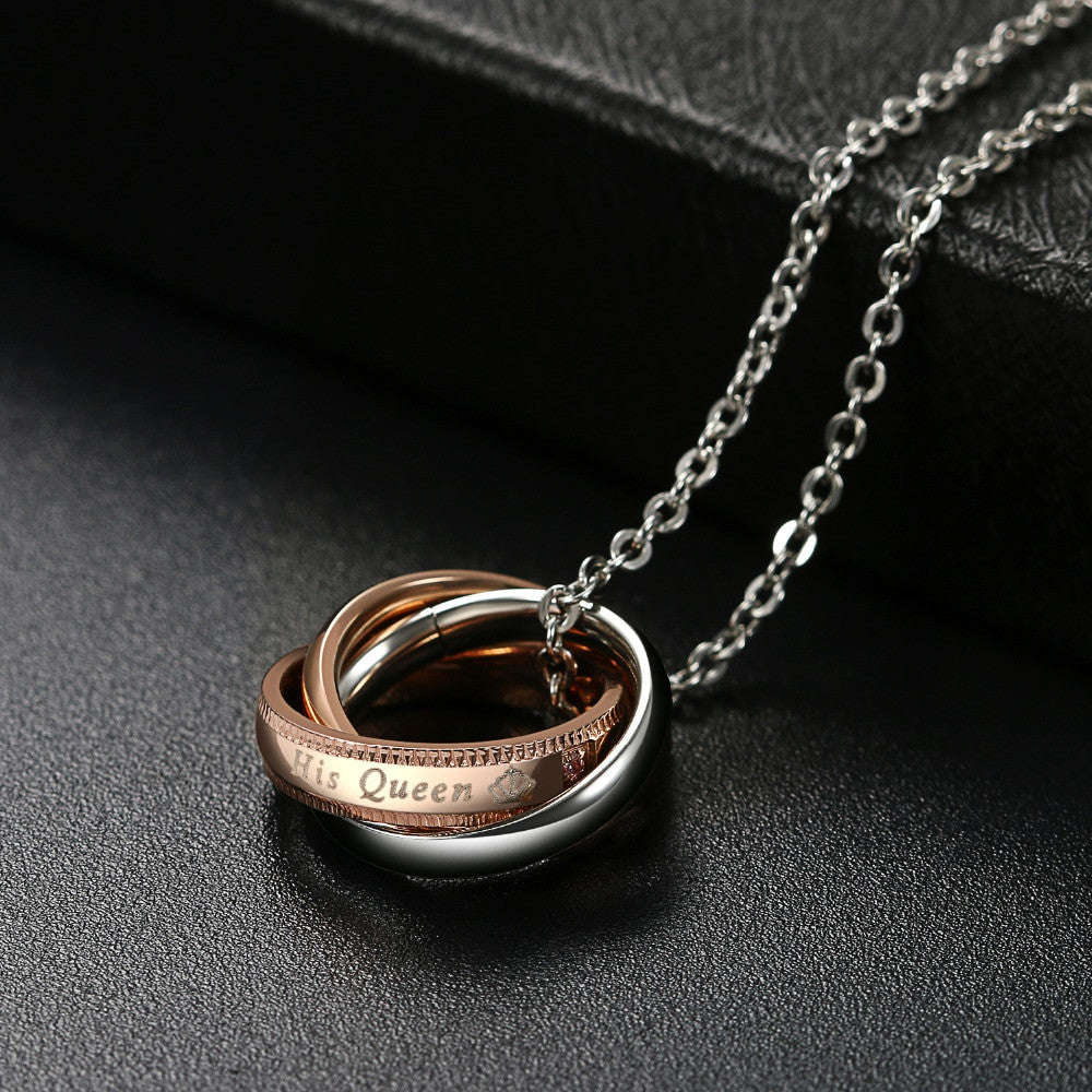 Couples Romantic Lovers Her King His Queen Triple Ring Bling Stainless Steel Chain Necklace