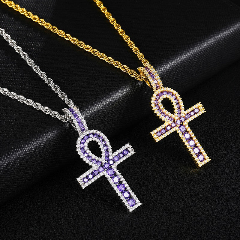 18k Rose Gold .925 Silver Key Of Life Ancient African Egyptian AAA Micro Pave Ankh Cross Pendant