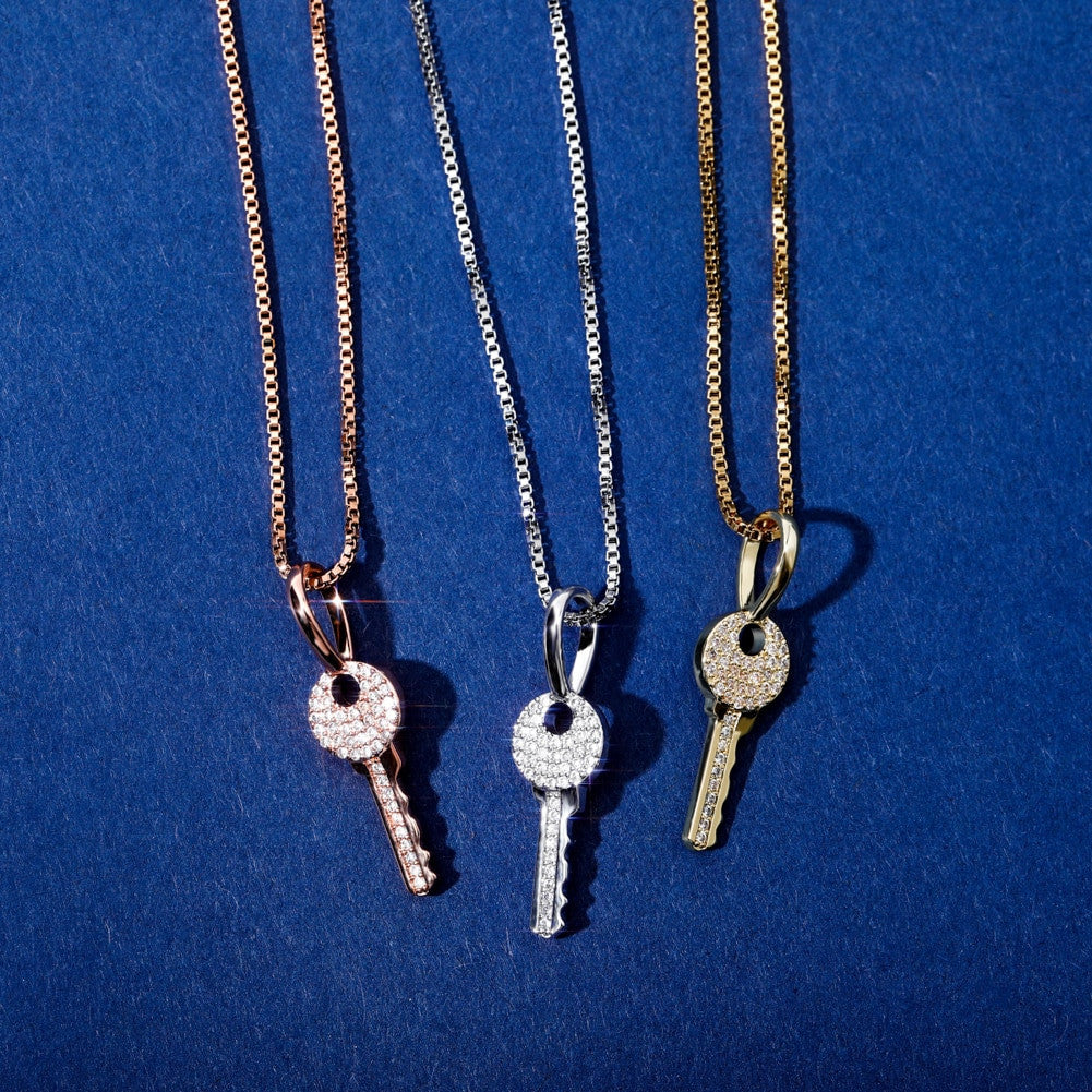 Ladies 925 Sterling Silver Souls Key Pendant Iced Chain Necklace