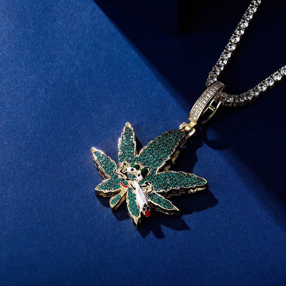 Flooded Ice Green Smoking Leaf Hip Hop Weed Pendant Bling Chain Necklace