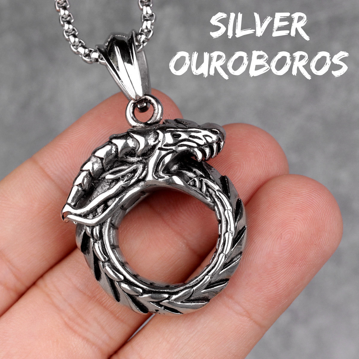 Mens Silver 14k Gold Black No Fade Stainless Steel Ouroboros Snake Serpent Pendant Chain
