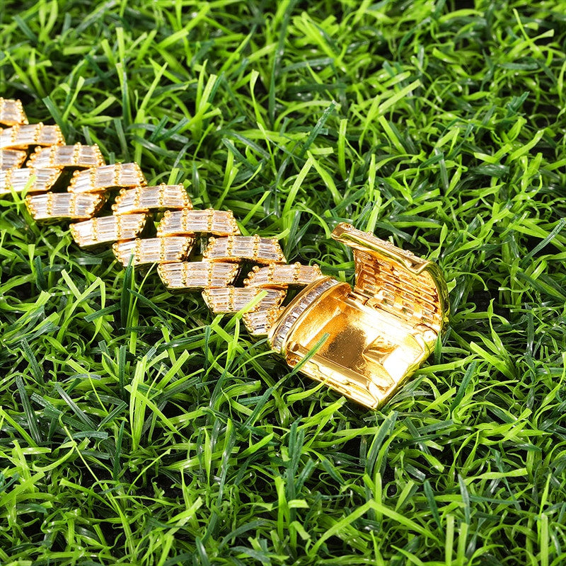 Bust Down 3 Row Baguette Ice Crazy Hip Hop 15MM 18 Inch Cuban Link Chain Necklace