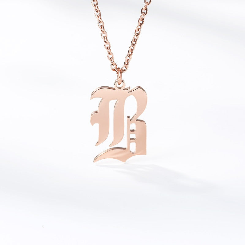 Platinum 14k Rose Gold Stainless Steel Gothic Old English A-Z Letter Initials Necklaces