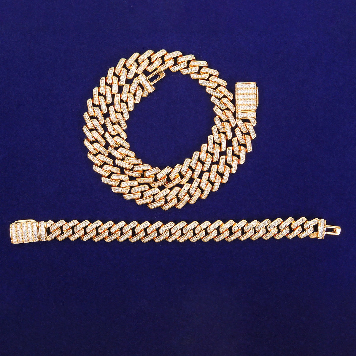 Hip Hop 24k Yellow 14k White Gold 11MM Baguette Chain Bracelet Jewelry Set