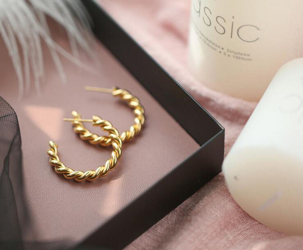 Classic Chic French Twisted 18k Gold Tarnish Free Stainless Steel Hoop Earrings
