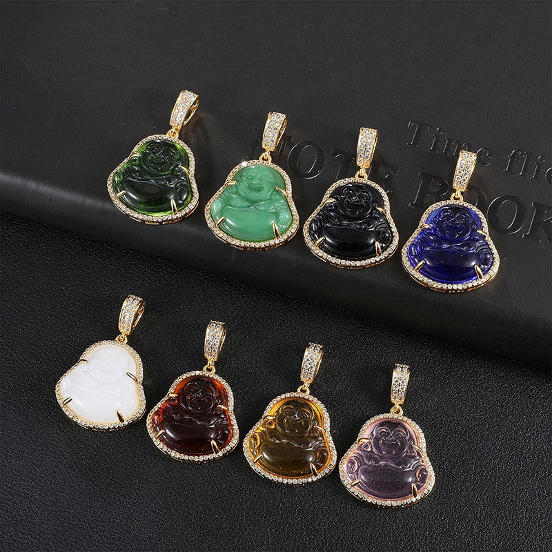 14k Gold Stainless Steel Hip Hop 8 Colors Flooded Ice Buddha Pendant Chain Necklace