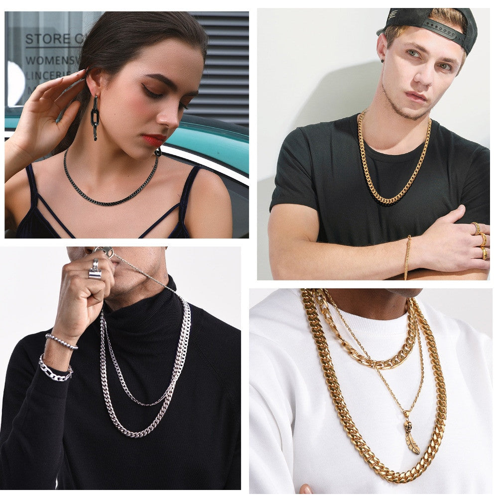 Classic Gold Silver Black Stainless Steel Miami Cuban Link Chain Necklace