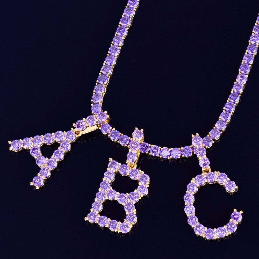 Hip Hop Purple Hazed Custom Tennis Letter Pendant Chain Necklace