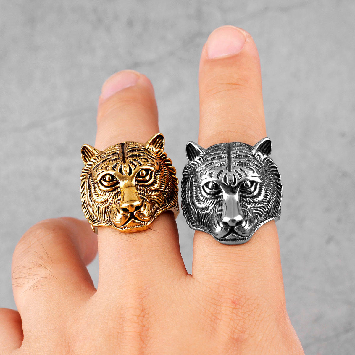 Mens Dominant Male Alpha Tiger No Fade 14k Gold Silver Stainless Steel Rings