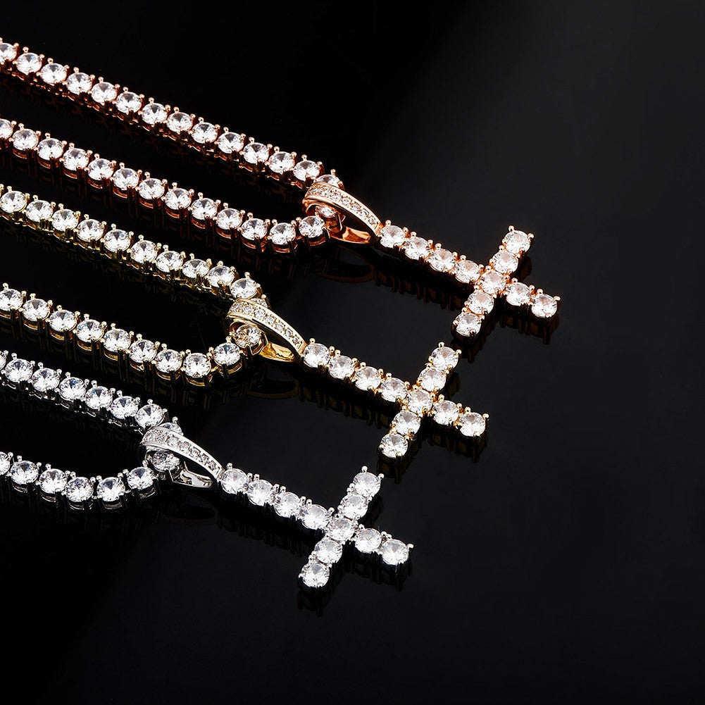 Mens Rose Gold 14k 925 Silver Cluster Stone Upside Down Single Peter Cross Pendant Chain Necklace