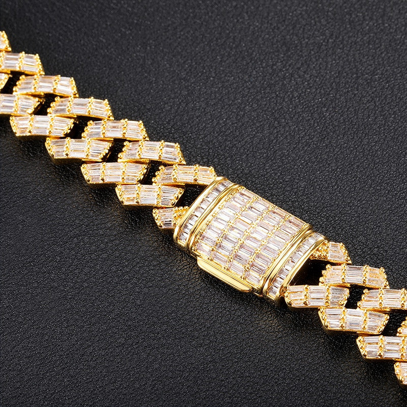 Bust Down 3 Row Baguette Ice Crazy Hip Hop 15MM 18 Inch Cuban Link Chain Necklace