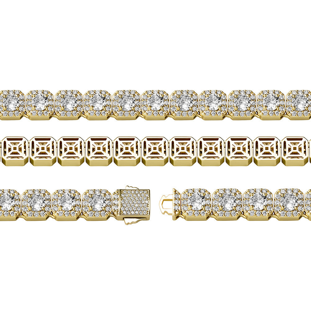 Yellow White Gold VVS Diamond CZ Hip Hop Clustered Stone Spring Clasp Tennis Bracelet