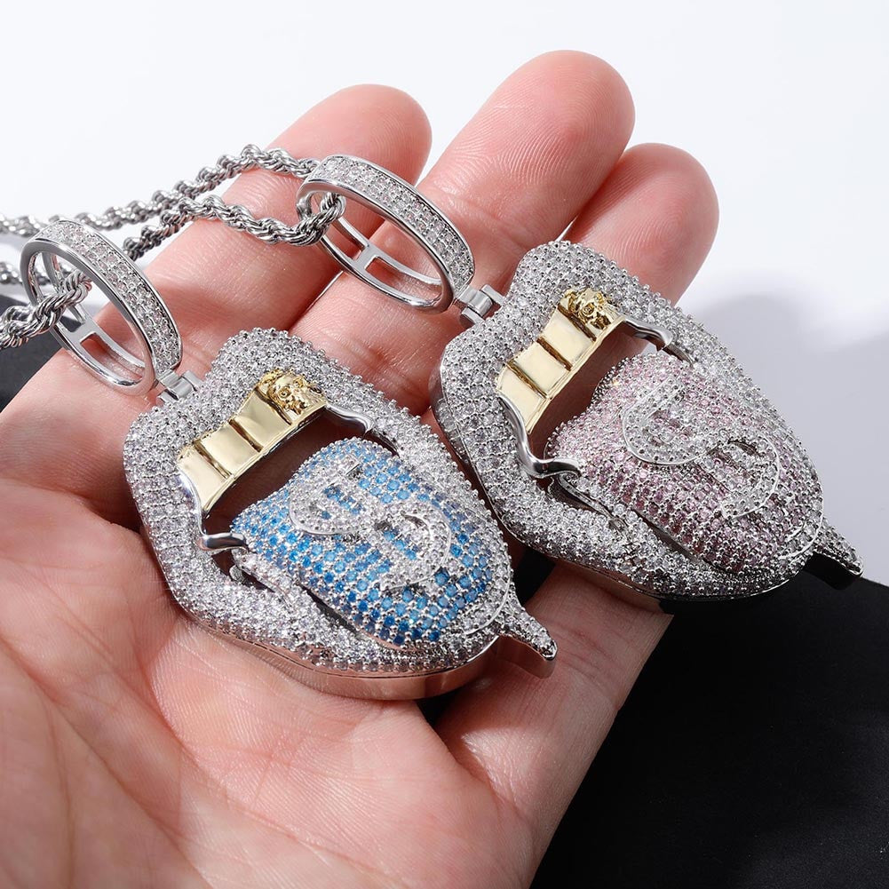 Pink Blue Cash Money Tongue Hot Girl Gold Grillz Hip Hop Pendant Chain Necklace